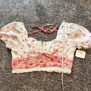 Altar'd State Aiden Red/Pink and Cream Floral Blouse NWT